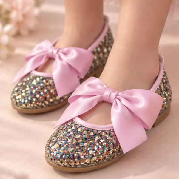 Girls’ Bow Ballet Flats Pink Glitter 2
