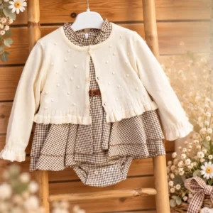Baby Girl Brown Gingham Dress Set with Cream Ruffle Cardigan - Image 1