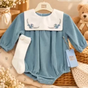 Baby Boy Blue Romper Set with White Embroidered Squirrel Collar - Image 1