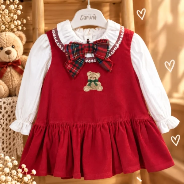 Red velvet girl's dress with a white blouse featuring a plaid bow and bear embroidery.