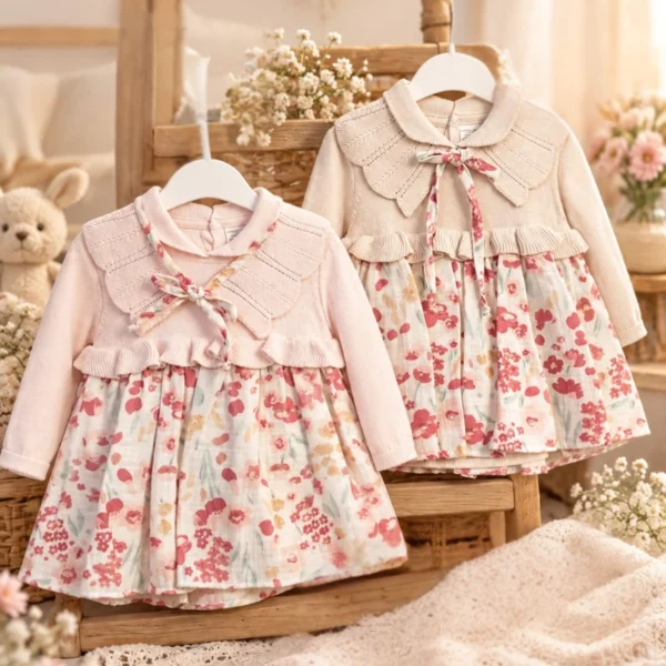 Elegant girls' dress with long sleeves and a soft floral skirt