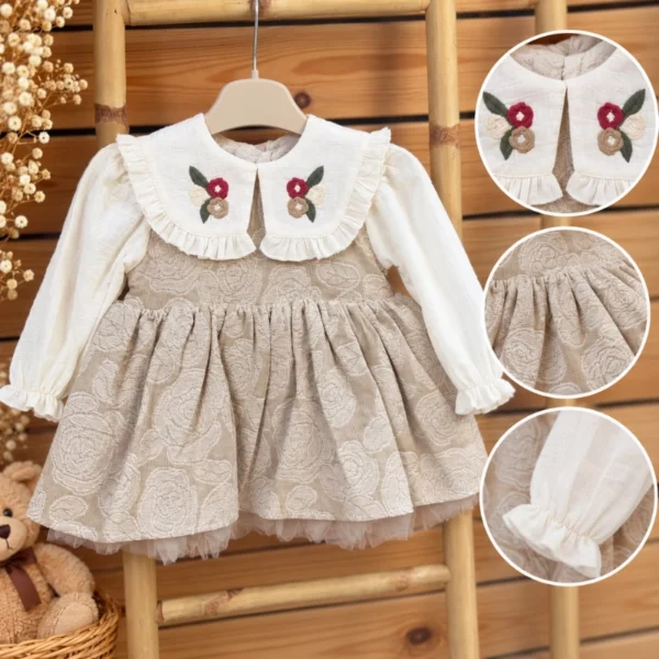 Elegant Beige Baby Girl Dress with Floral Embroidered Collar