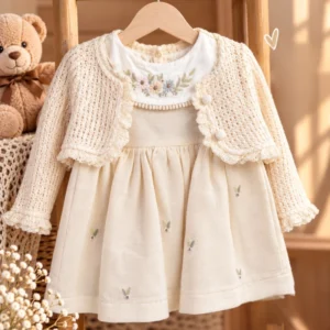 Elegant Ivory Baby Girl Dress with Crochet Cardigan & Floral Embroidery - Image 1