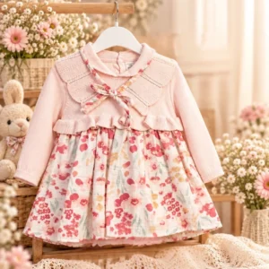 Elegant Girls’ Floral Dress with Decorative Collar - Image 2